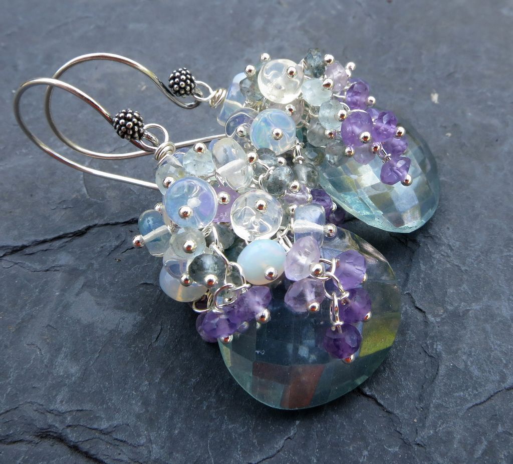 Green quartz, moss aquamarine earrings with Ethiopian opal, amethyst in sterling silver Green quartz, moss aquamarine earrings with Ethiopian opal, amethyst in sterling silver