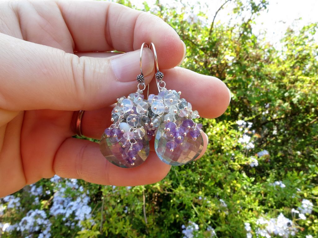 Green quartz, moss aquamarine earrings with Ethiopian opal, amethyst in sterling silver Green quartz, moss aquamarine earrings with Ethiopian opal, amethyst in sterling silver