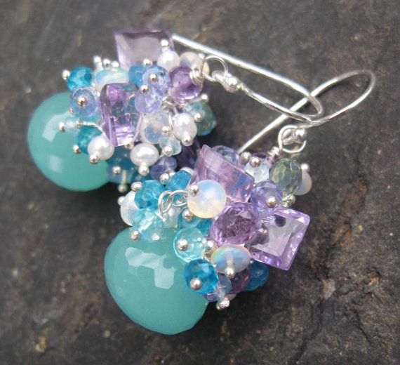 Chalcedony, amethyst, opal earrings in sterling silver --Mae-- Chalcedony, amethyst, opal earrings in sterling silver --Mae--