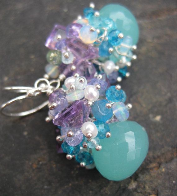 Chalcedony, amethyst, opal earrings in sterling silver --Mae-- Chalcedony, amethyst, opal earrings in sterling silver --Mae--