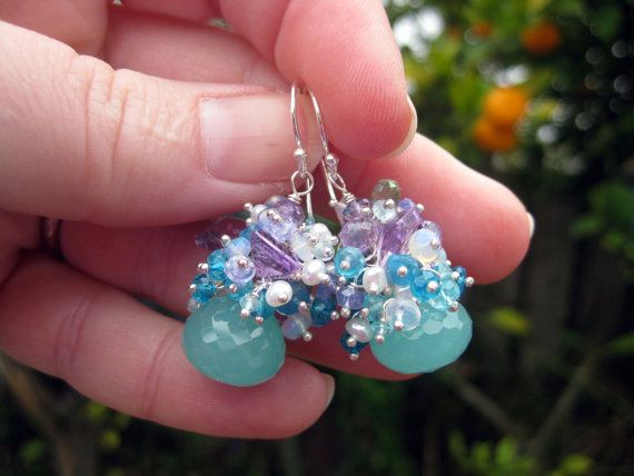 Chalcedony, amethyst, opal earrings in sterling silver --Mae-- Chalcedony, amethyst, opal earrings in sterling silver --Mae--
