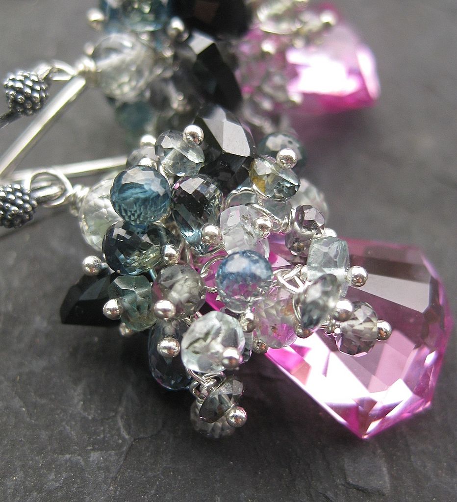 Pink topaz, aquamarine earrings with sapphire --Sofia-- Pink topaz, aquamarine earrings with sapphire --Sofia--