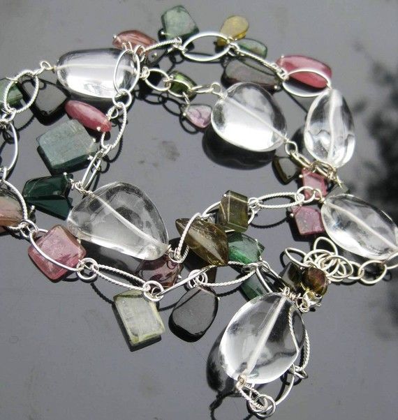 Tourmaline necklace with crystal quartz, silver --Confetti-- Tourmaline necklace with crystal quartz, silver --Confetti--