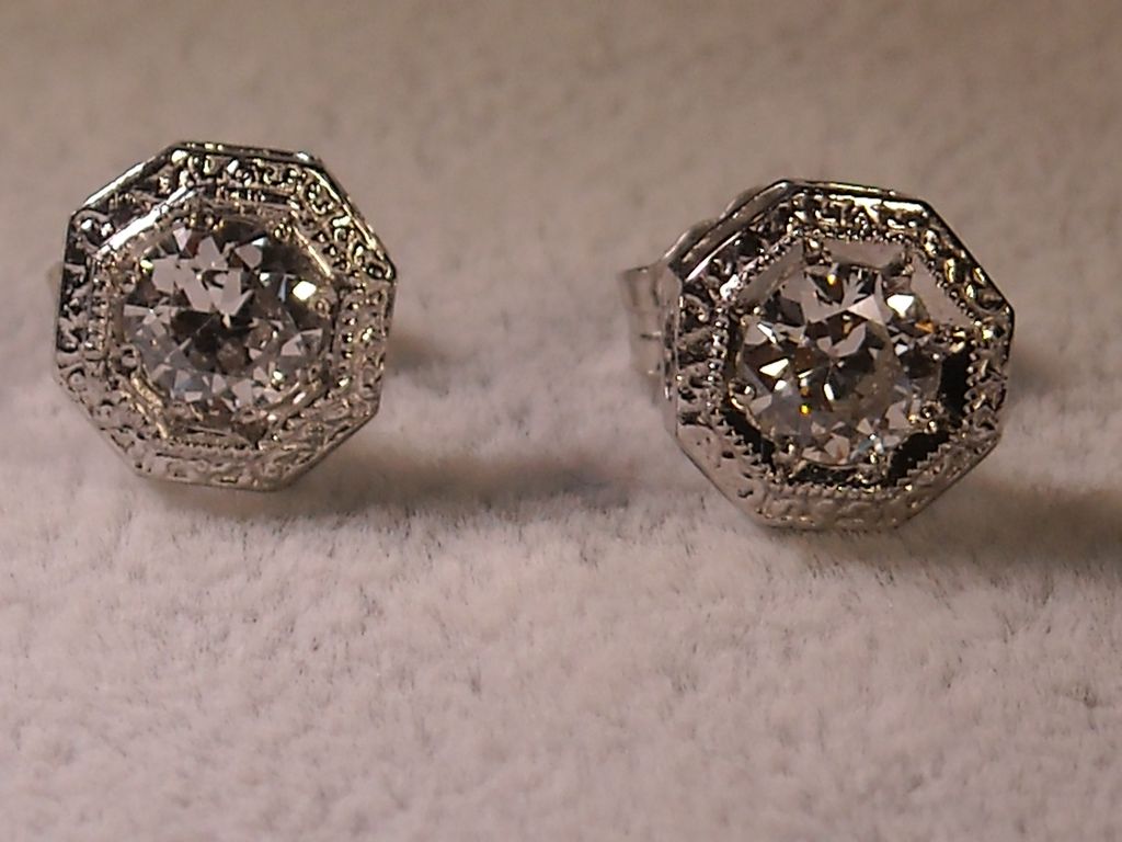 Platinum and 14k Gold and Diamond Stud Earrings, 0.80 Carat Total, European Cut Diamonds Platinum and 14k Gold and Diamond Stud Earrings, 0.80 Carat Total, European Cut Diamonds