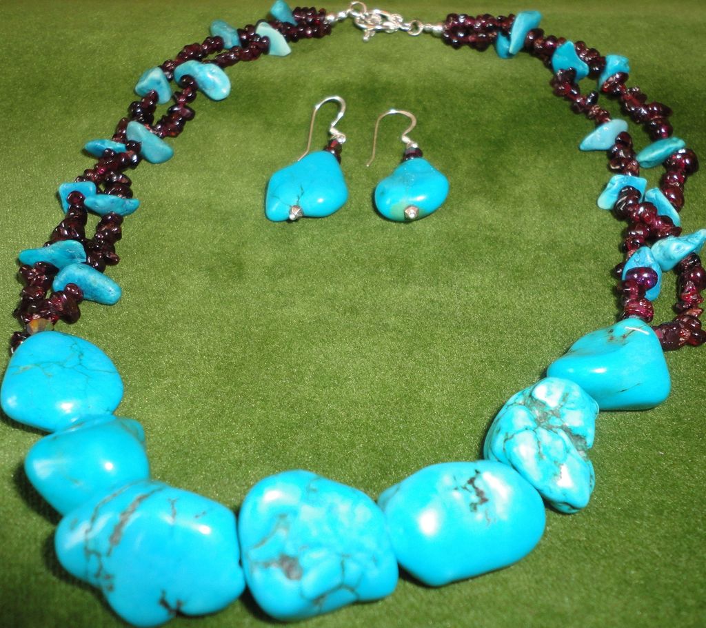 Gorgeous Turquoise Nugget Set on Garnet Necklace With Earrings Set Gorgeous Turquoise Nugget Set on Garnet Necklace With Earrings Set