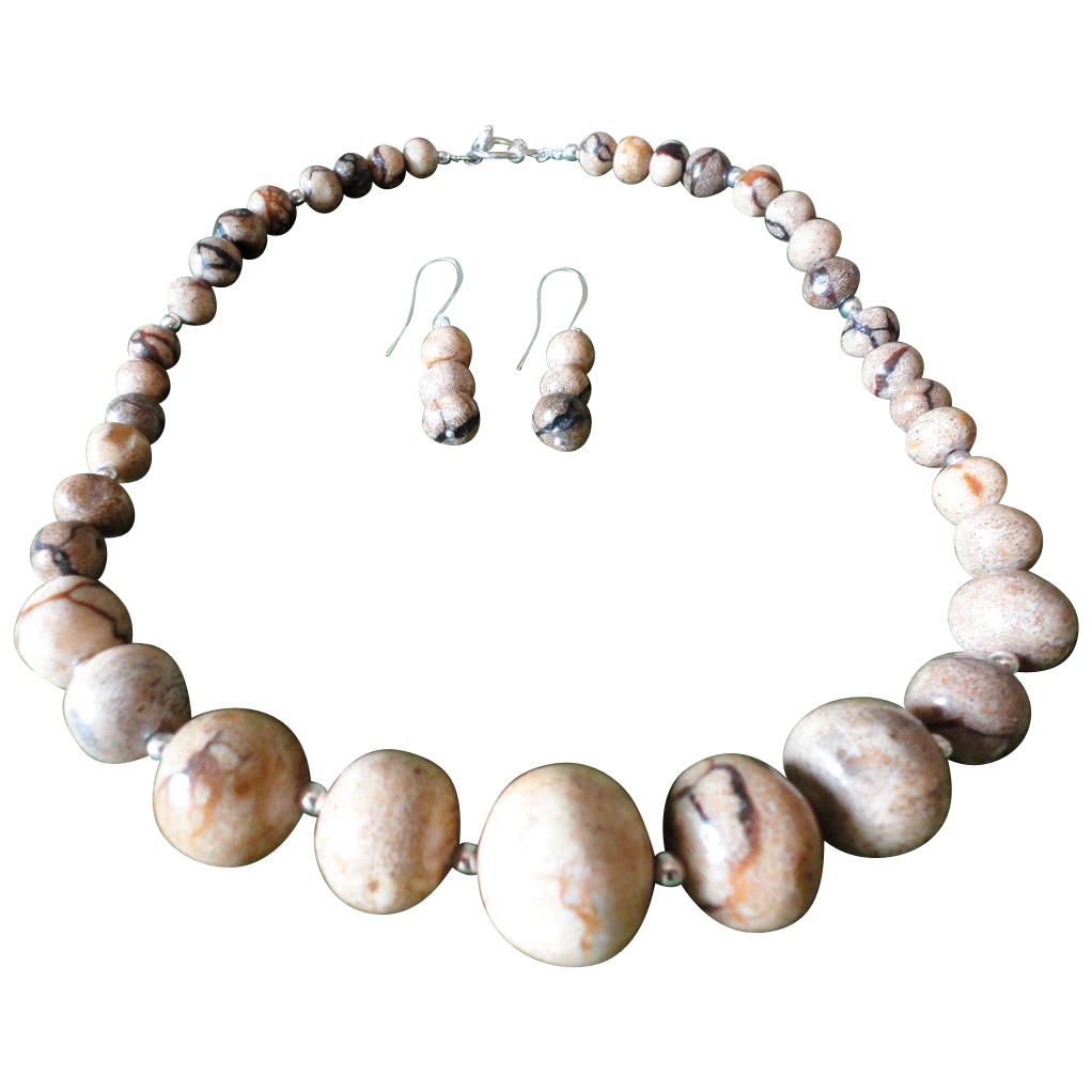 Hand Made Single Strand Vegetable Ivory Necklace Earring Set. Hand Made Single Strand Vegetable Ivory Necklace Earring Set.