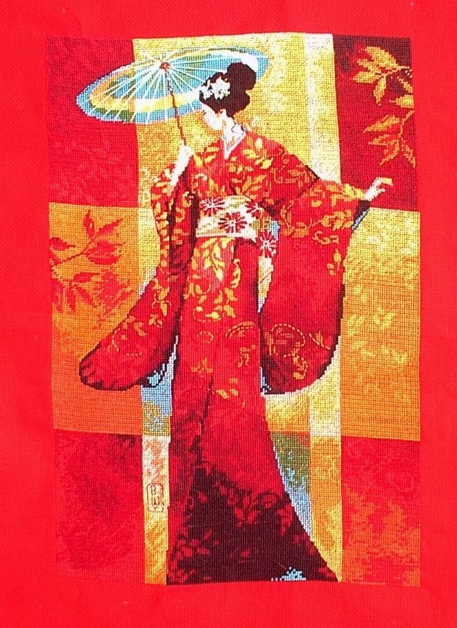 Needlepoint Tapestry Geisha in Garden Wall Hanging Vintage Hand Done Needlepoint Tapestry Geisha in Garden Wall Hanging Vintage Hand Done