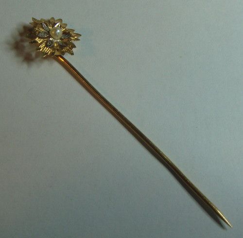 Stylish Antique French 18 Carat Gold Tie/Hat/Lapel Diamond Stick Pin. Stylish Antique French 18 Carat Gold Tie/Hat/Lapel Diamond Stick Pin.