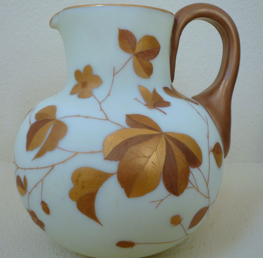 Harrach Cream Custard glass pitcher. Dragonfly gilded. Harrach Cream Custard glass pitcher. Dragonfly gilded.