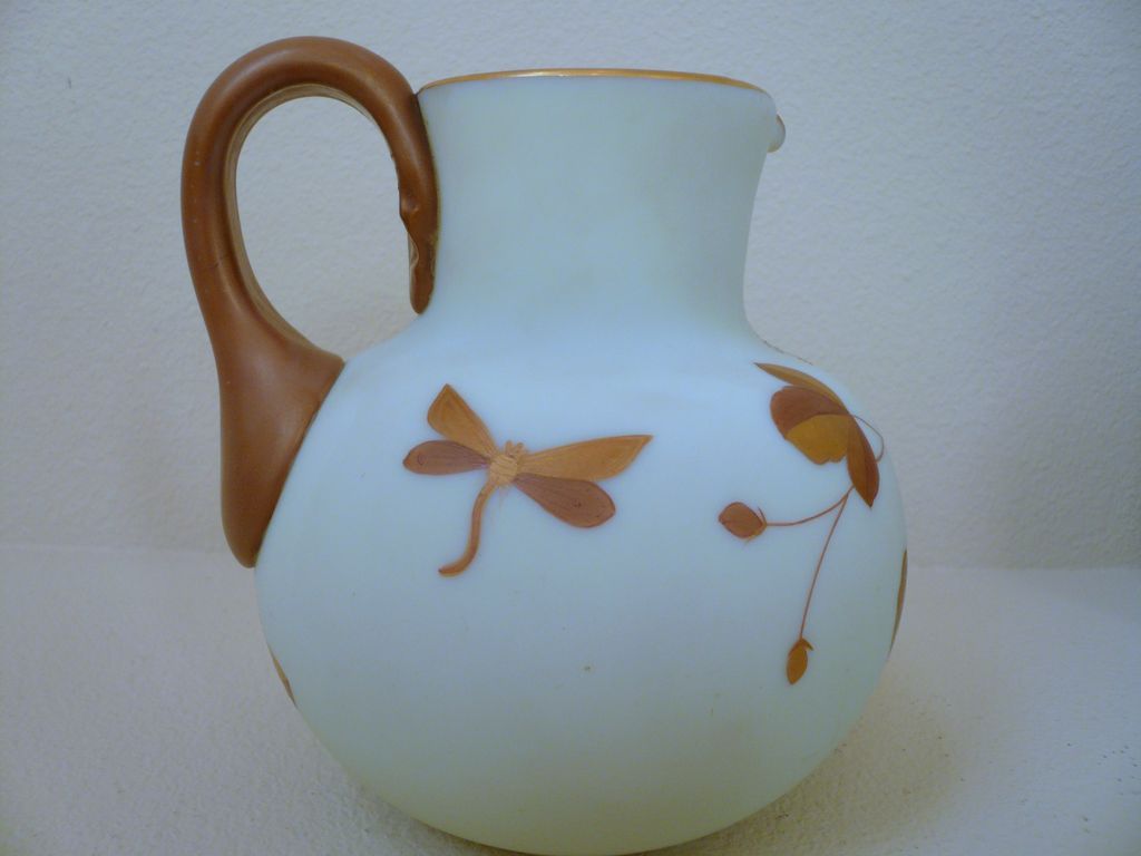 Harrach Cream Custard glass pitcher. Dragonfly gilded. Harrach Cream Custard glass pitcher. Dragonfly gilded.