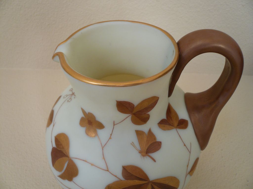 Harrach Cream Custard glass pitcher. Dragonfly gilded. Harrach Cream Custard glass pitcher. Dragonfly gilded.
