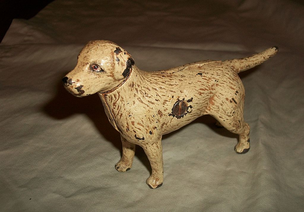 NOW 35% OFF - Vintage Cast Iron Creamy - White Standing Dog Still Bank NOW 35% OFF - Vintage Cast Iron Creamy - White Standing Dog Still Bank