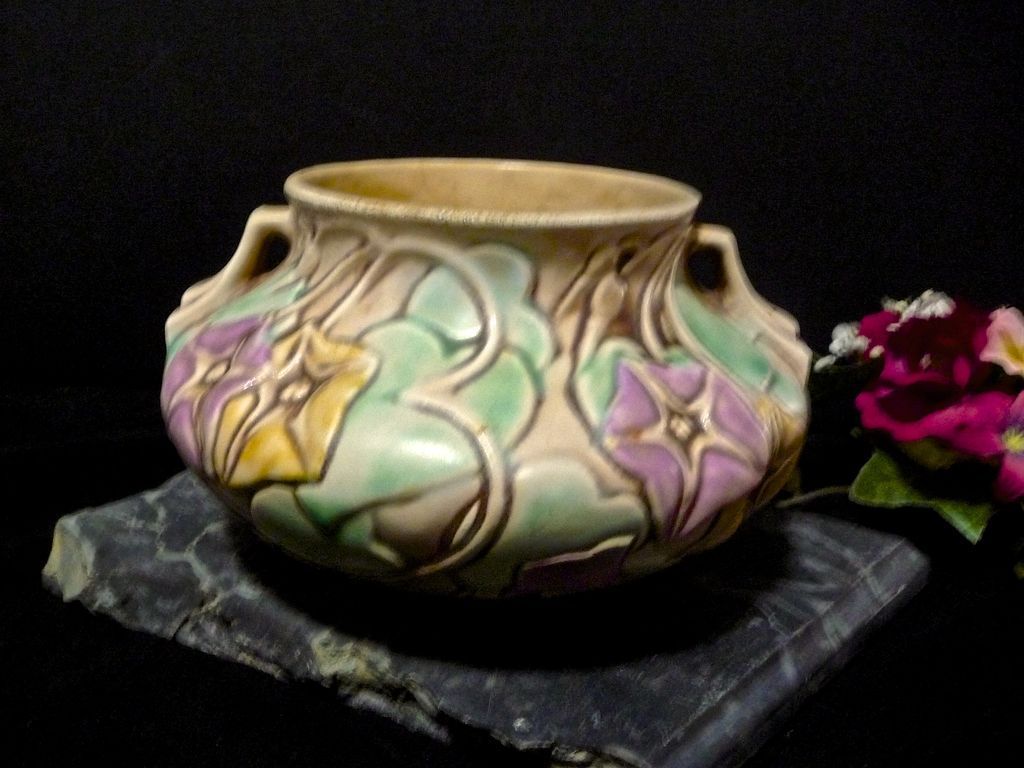 NOW 50% Off -Roseville Pottery Handled Bowl -Morning Glory design, 4" #268-4 NOW 50% Off -Roseville Pottery Handled Bowl -Morning Glory design, 4" #268-4