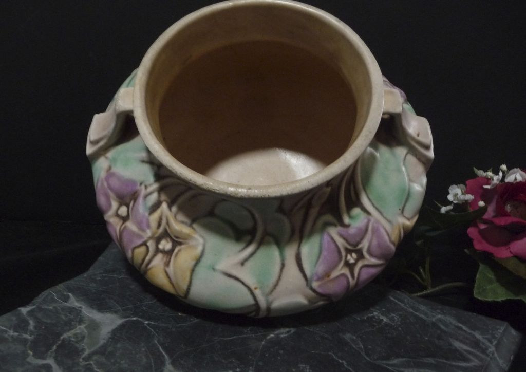 NOW 50% Off -Roseville Pottery Handled Bowl -Morning Glory design, 4" #268-4 NOW 50% Off -Roseville Pottery Handled Bowl -Morning Glory design, 4" #268-4