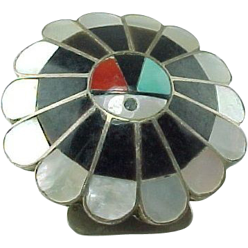 Vintage Sterling Silver Mosaic Inlay Sun Face Bolo Slide Vintage Sterling Silver Mosaic Inlay Sun Face Bolo Slide