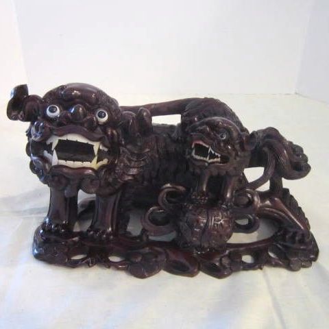 Vintage Chinese Wood Carving of Mother Foo Dog with Young and Ball Vintage Chinese Wood Carving of Mother Foo Dog with Young and Ball