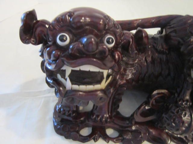 Vintage Chinese Wood Carving of Mother Foo Dog with Young and Ball Vintage Chinese Wood Carving of Mother Foo Dog with Young and Ball