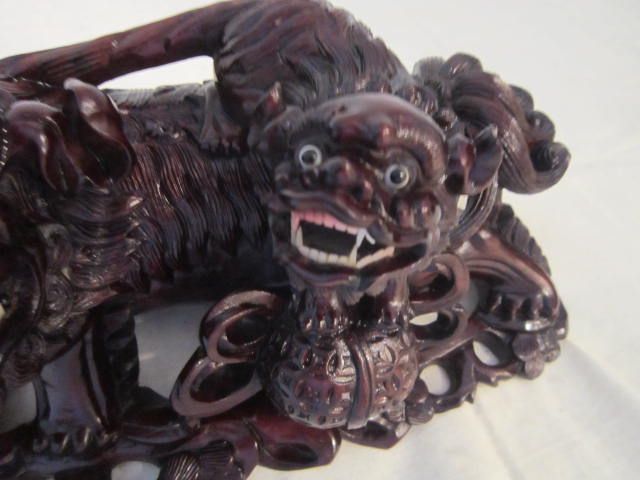 Vintage Chinese Wood Carving of Mother Foo Dog with Young and Ball Vintage Chinese Wood Carving of Mother Foo Dog with Young and Ball