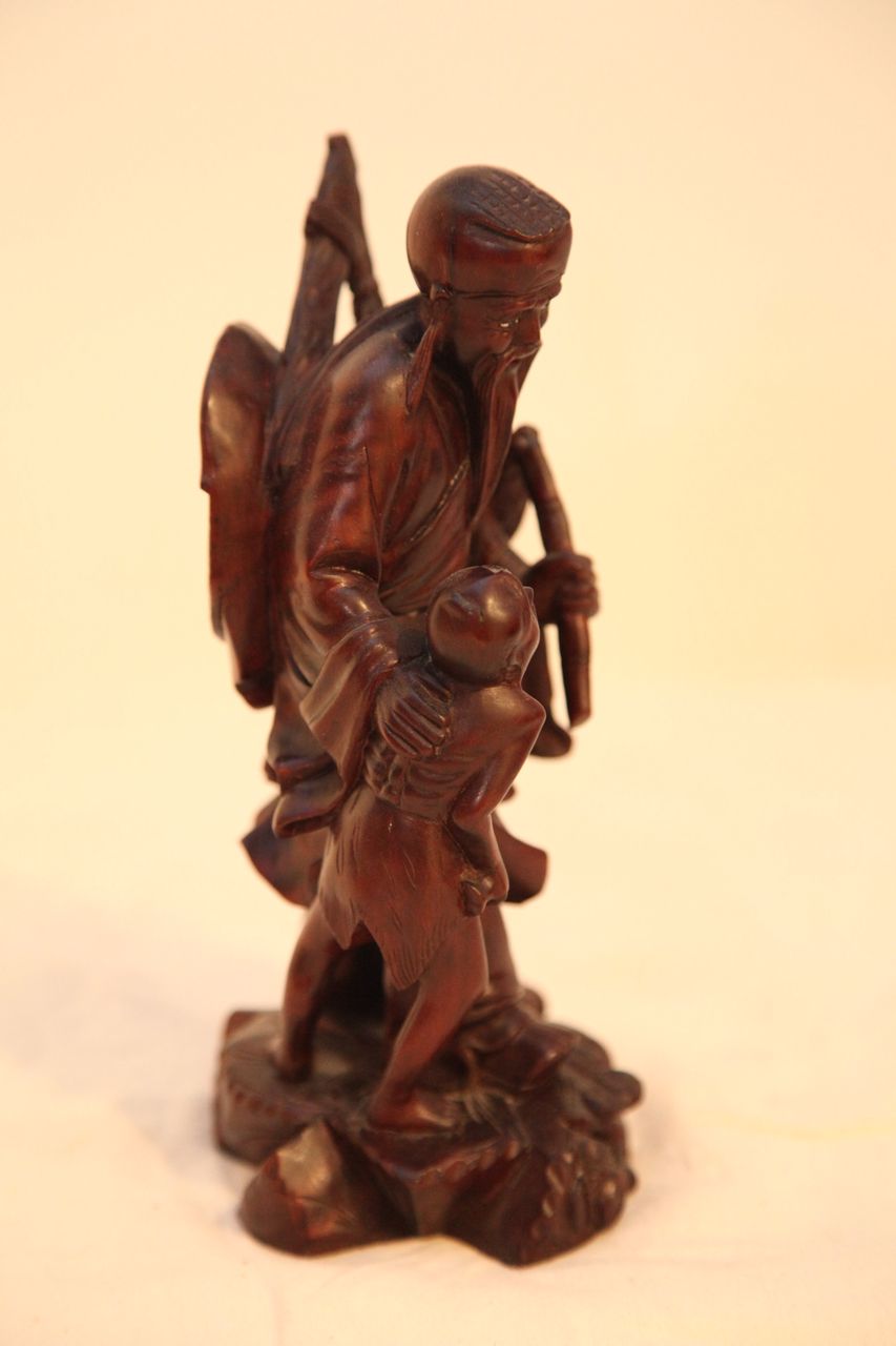 Vintage Oriental Wood Carving of Man With Child Vintage Oriental Wood Carving of Man With Child