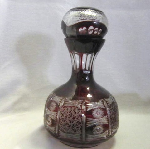 Dark Ruby Cut to Clear Decanter with 6 Glasses Dark Ruby Cut to Clear Decanter with 6 Glasses