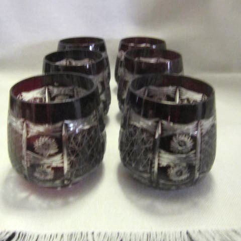 Dark Ruby Cut to Clear Decanter with 6 Glasses Dark Ruby Cut to Clear Decanter with 6 Glasses