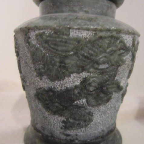 Antique Soapstone Chinese Carved Pair of Lidded & Footed Jars Antique Soapstone Chinese Carved Pair of Lidded & Footed Jars