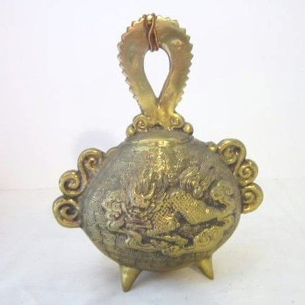 Vintage Oriental Hanging Brass Bell with Dragon on Front Vintage Oriental Hanging Brass Bell with Dragon on Front