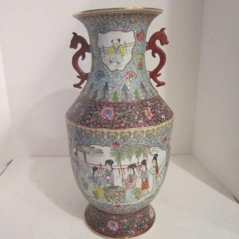 VIntage Large Porcelain Chinese Vase With Red Dragon Handles VIntage Large Porcelain Chinese Vase With Red Dragon Handles