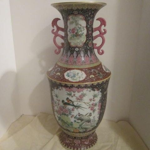 Vintage Chinese Large Vase with Cranes and Colorful Birds Vintage Chinese Large Vase with Cranes and Colorful Birds