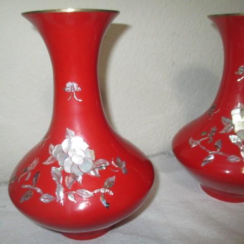 Vintage Red Lacquer on brass Vase decorated with Mother of Pearl Vintage Red Lacquer on brass Vase decorated with Mother of Pearl