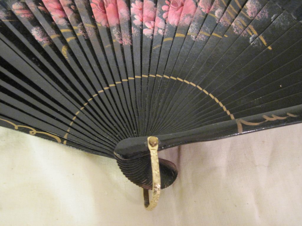 Vintage Hand Painted Black Wood and Fabric Fan with Pink Roses Vintage Hand Painted Black Wood and Fabric Fan with Pink Roses