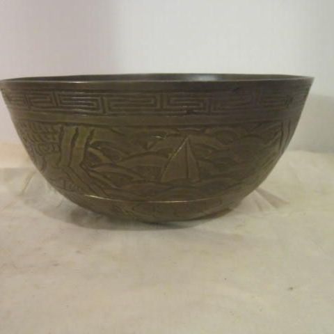 Vintage Chinese Brass Etched Bowl with Seal on Bottom Vintage Chinese Brass Etched Bowl with Seal on Bottom