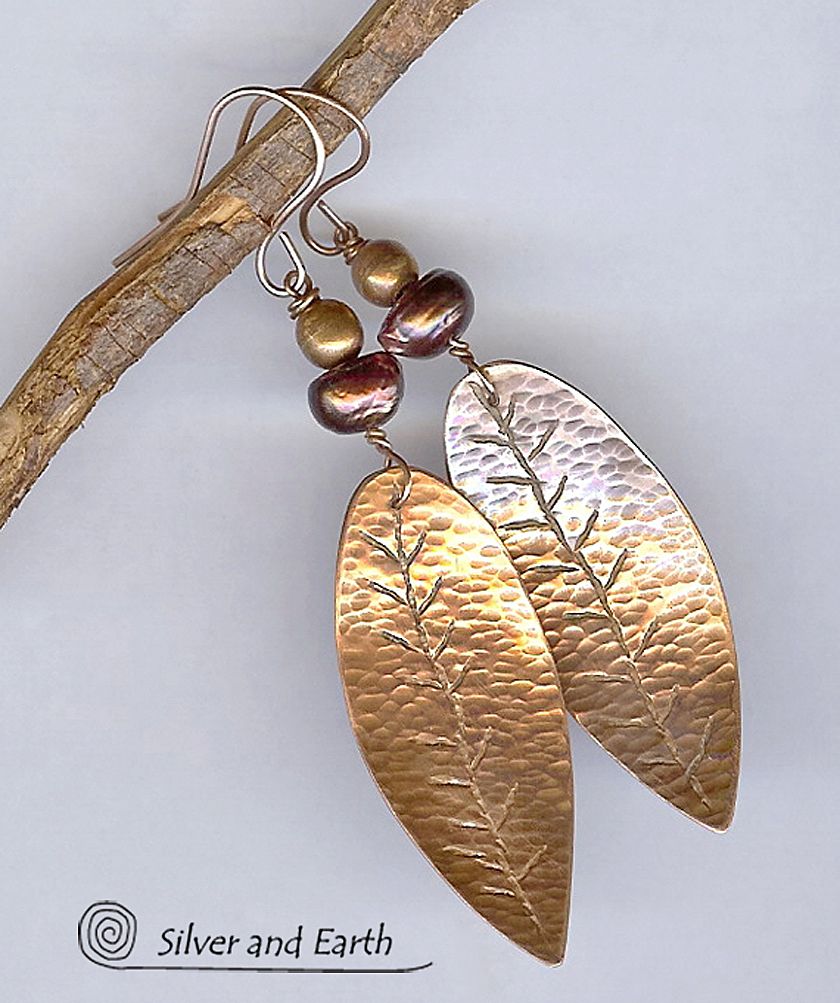 Handmade Copper Leaf Shaped Earrings with Bronze and Copper Pearls Handmade Copper Leaf Shaped Earrings with Bronze and Copper Pearls