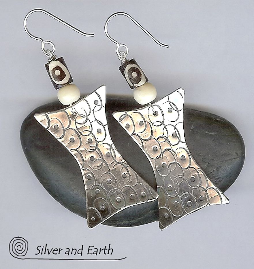 African Inspired Sterling Silver Earrings with Bone Beads African Inspired Sterling Silver Earrings with Bone Beads