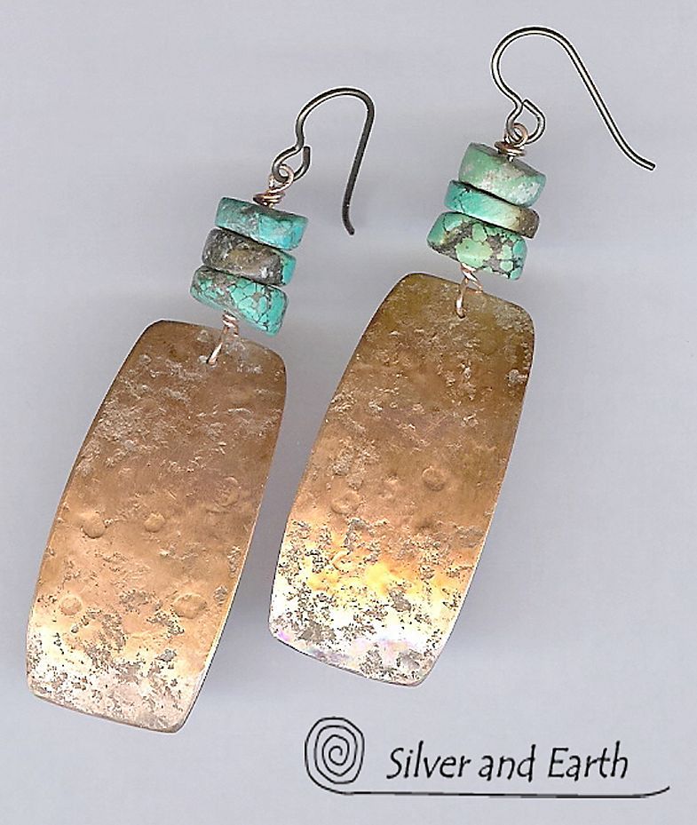 Handmade Copper Earrings with Organic Texture and Turquoise Handmade Copper Earrings with Organic Texture and Turquoise