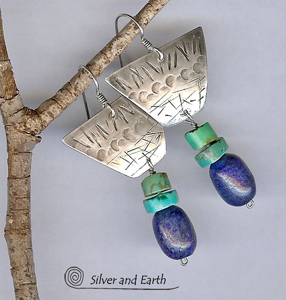 Tribal Inspired Sterling Silver Earrings with Turquoise and Lapis Tribal Inspired Sterling Silver Earrings with Turquoise and Lapis