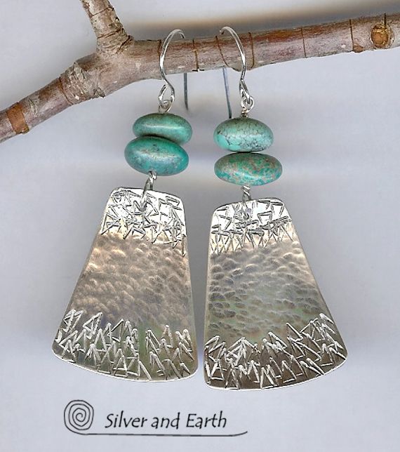 Textured Handmade Sterling Silver Earrings with Turquoise Textured Handmade Sterling Silver Earrings with Turquoise