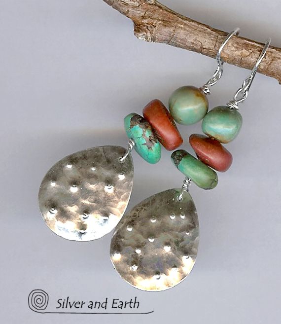 Southwest Inspired Textured Sterling Silver Earrings with Turquoise and Red Coral Southwest Inspired Textured Sterling Silver Earrings with Turquoise and Red Coral