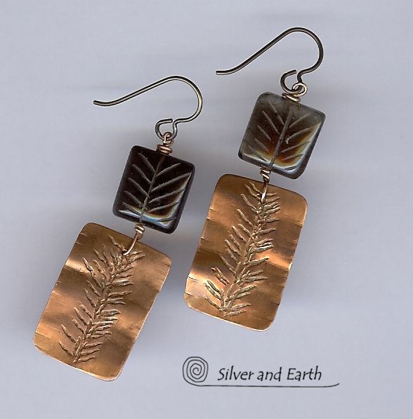 Nature Inspired Handmade Copper Earrings with Etched Smoky Quartz Nature Inspired Handmade Copper Earrings with Etched Smoky Quartz
