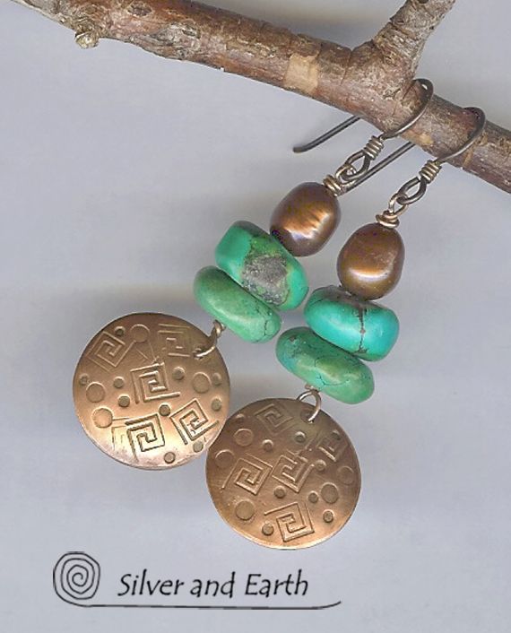 Handmade Copper Earrings with Turquoise and Copper Pearls Handmade Copper Earrings with Turquoise and Copper Pearls