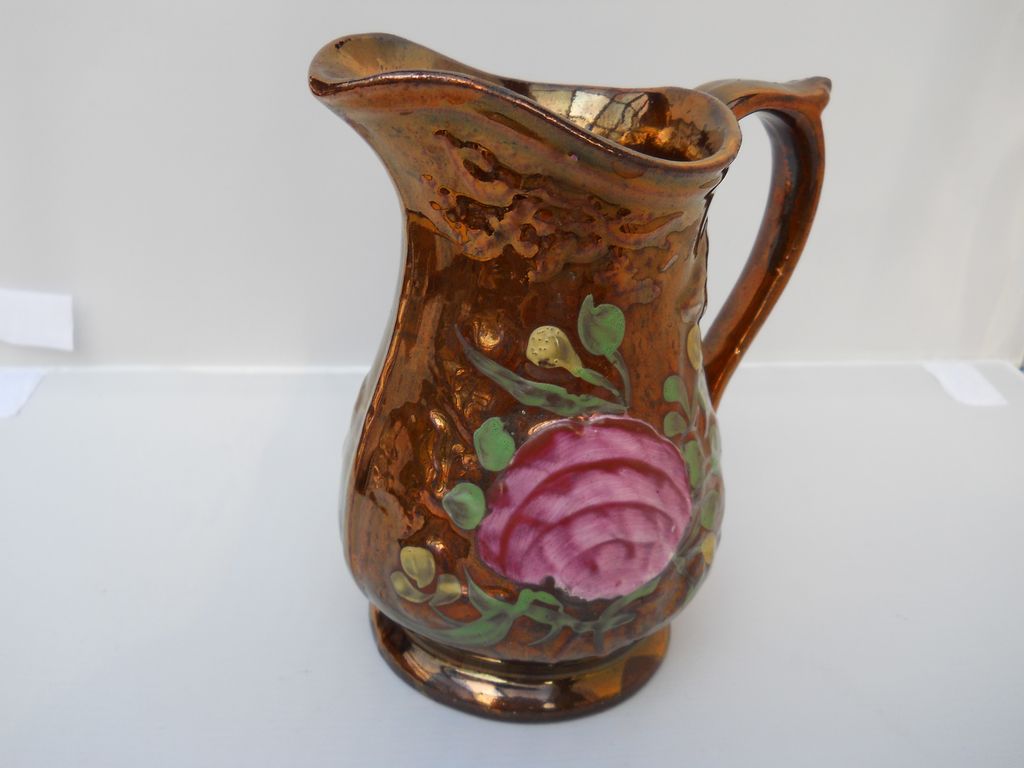 English Copper Lustre Jug (pitcher) with Rose enamel design, c. 1860