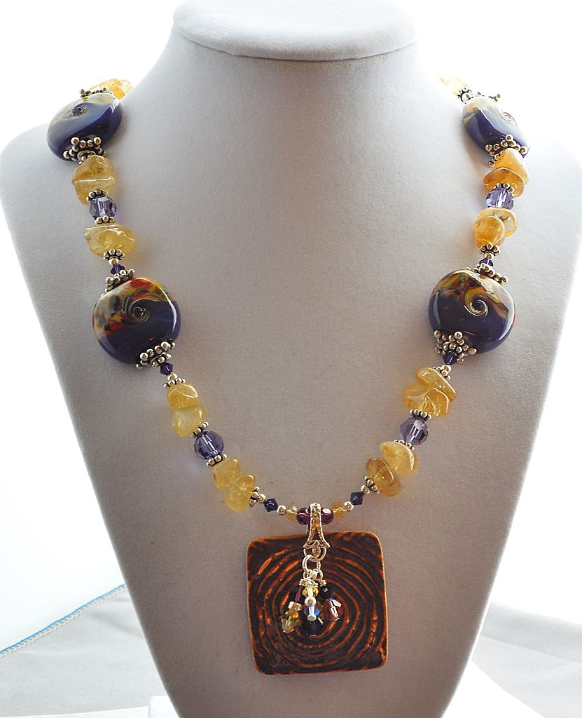 CItrine Nugget and Purple Lampwork Bead Necklace with Ceramic Pendant CItrine Nugget and Purple Lampwork Bead Necklace with Ceramic Pendant