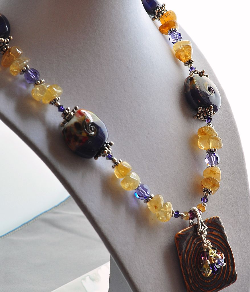 CItrine Nugget and Purple Lampwork Bead Necklace with Ceramic Pendant CItrine Nugget and Purple Lampwork Bead Necklace with Ceramic Pendant