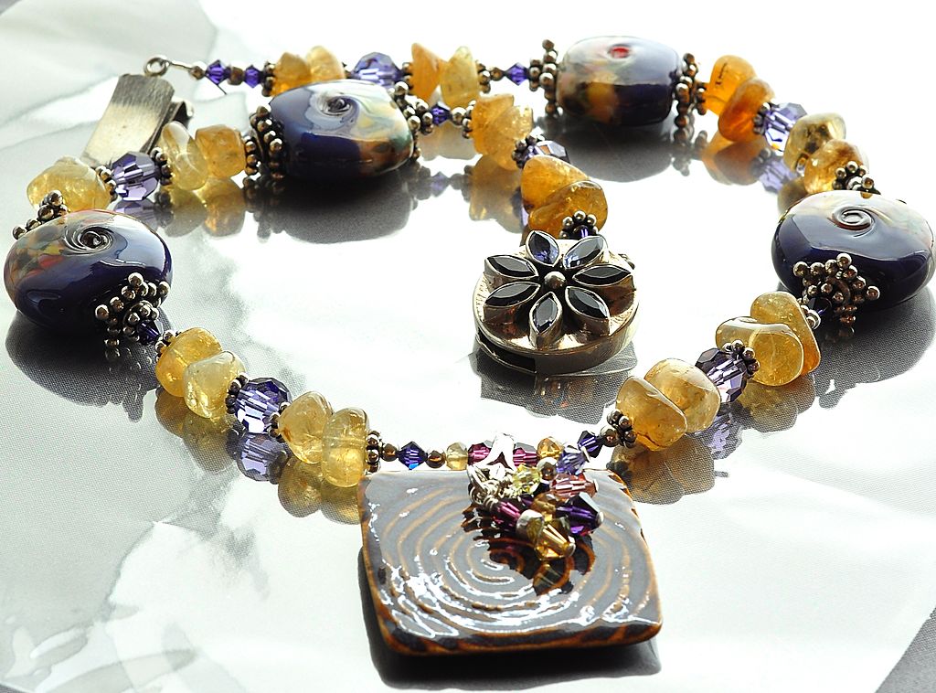CItrine Nugget and Purple Lampwork Bead Necklace with Ceramic Pendant CItrine Nugget and Purple Lampwork Bead Necklace with Ceramic Pendant
