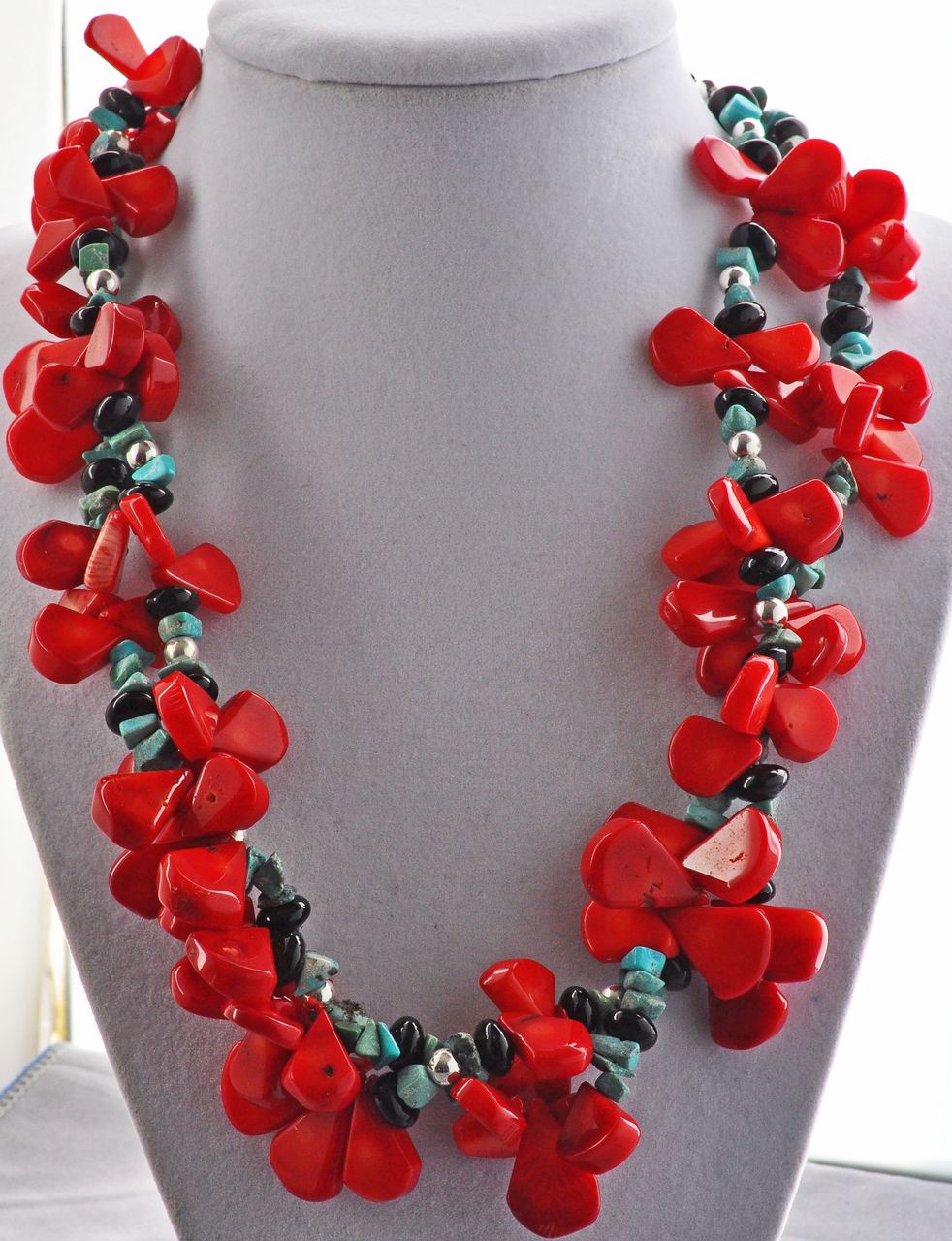 Red Coral, Stabilized Turquoise and Sterling SIlver Necklace Red Coral, Stabilized Turquoise and Sterling SIlver Necklace