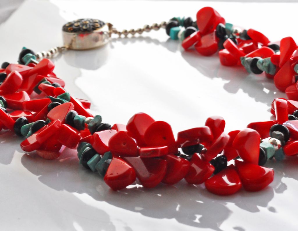 Red Coral, Stabilized Turquoise and Sterling SIlver Necklace Red Coral, Stabilized Turquoise and Sterling SIlver Necklace