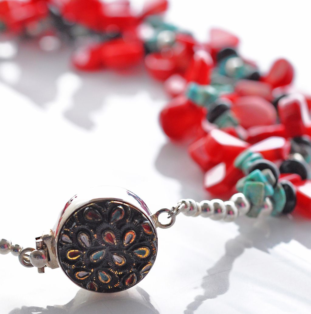 Red Coral, Stabilized Turquoise and Sterling SIlver Necklace Red Coral, Stabilized Turquoise and Sterling SIlver Necklace