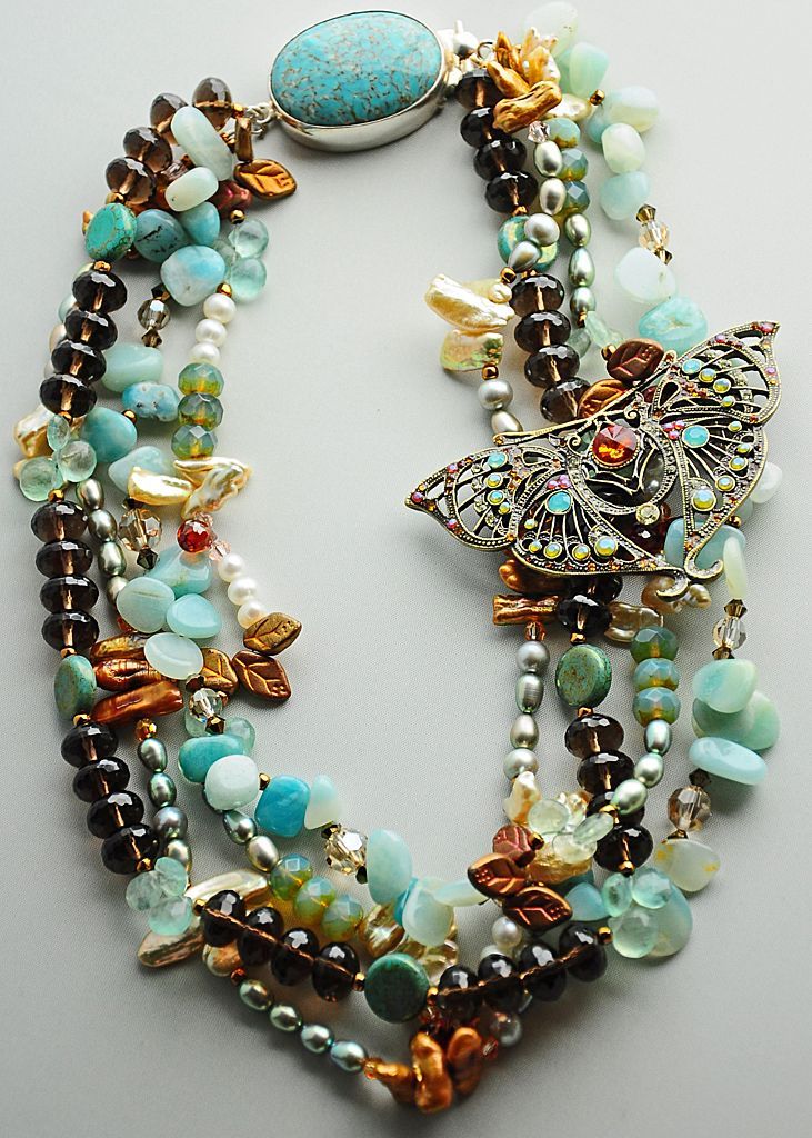 Four Strand Multi Gem Necklace with Vintage Pin Pendant Four Strand Multi Gem Necklace with Vintage Pin Pendant