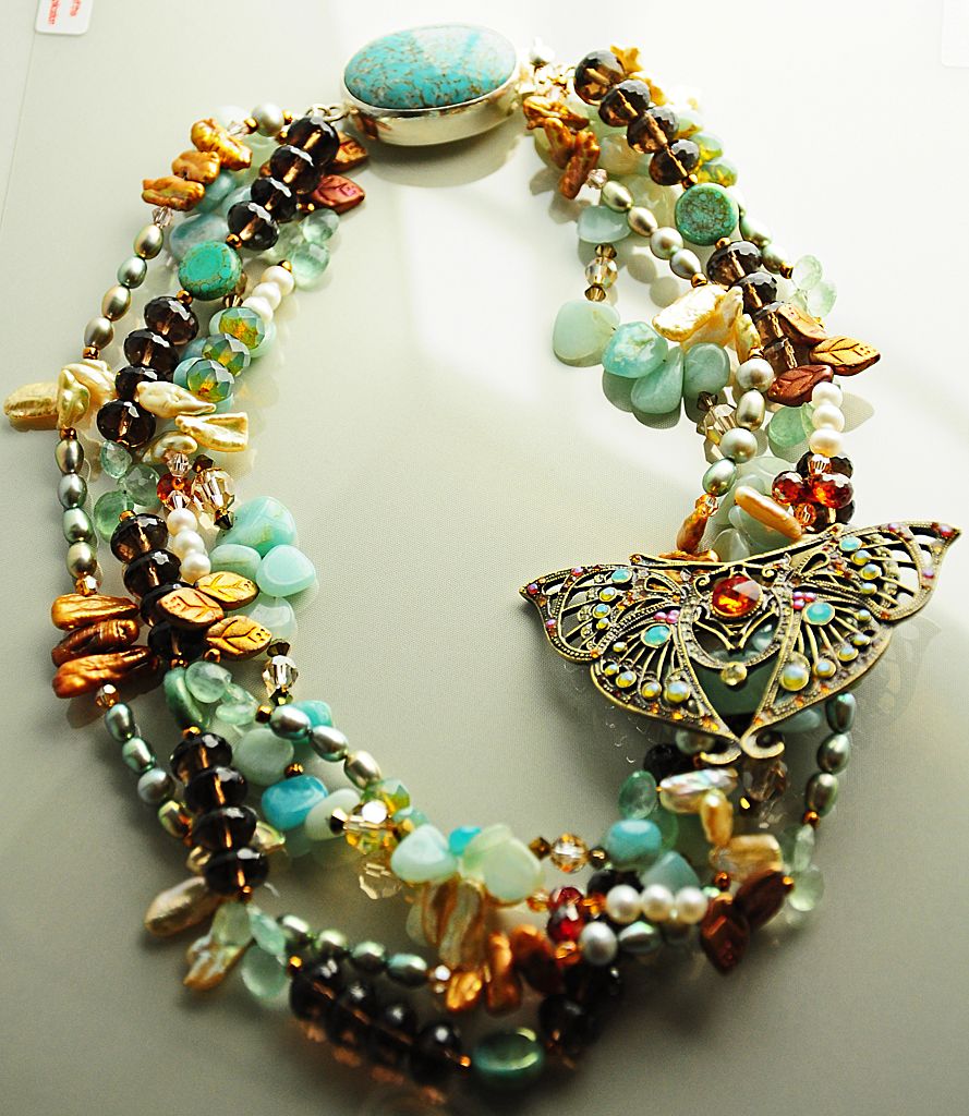Four Strand Multi Gem Necklace with Vintage Pin Pendant Four Strand Multi Gem Necklace with Vintage Pin Pendant