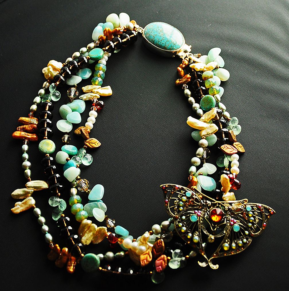 Four Strand Multi Gem Necklace with Vintage Pin Pendant Four Strand Multi Gem Necklace with Vintage Pin Pendant